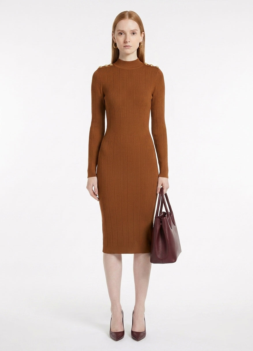 LadyLuxury | Parisian Knit Midi Dress - Elegant Ribbed Bodycon with Gold Button Detail