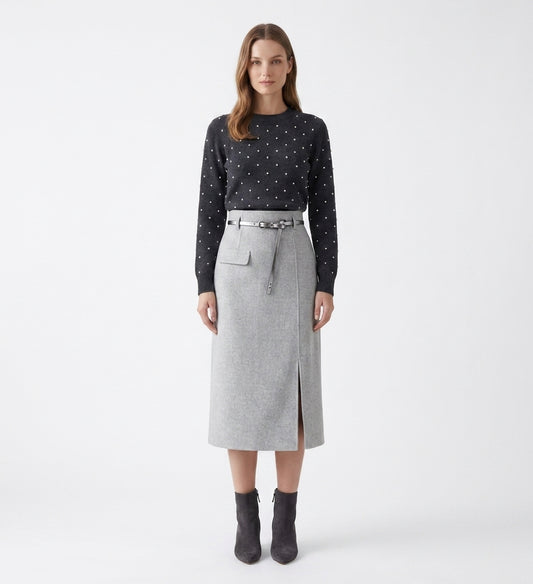 LadyLuxury | High-Waisted Wool Blend Midi Skirt with Belt - Elegant A-Line Split Skirt