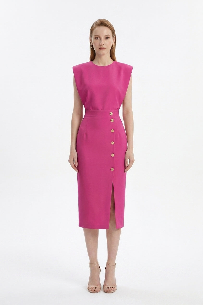 LadyLuxury | Sleeveless Button-Split Sheath Dress - Elegant Minimalist Office Midi