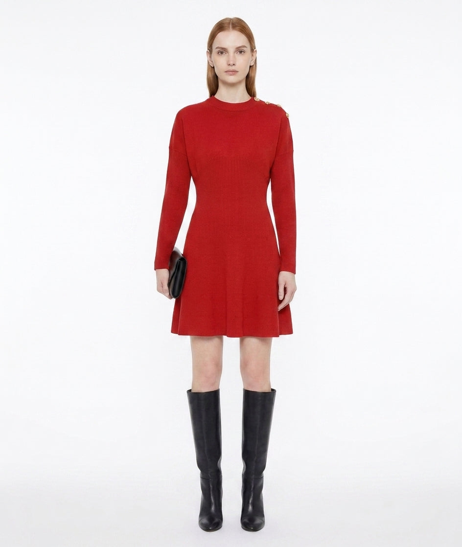 LadyLuxury | Parisian Military Knit Mini Dress with Gold Button Accents
