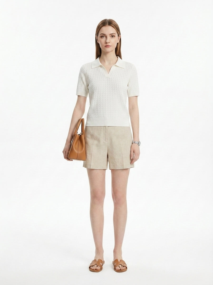 LadyLuxury | Women's Cable-Knit Short Sleeve Polo Sweater - Old Money Aesthetic