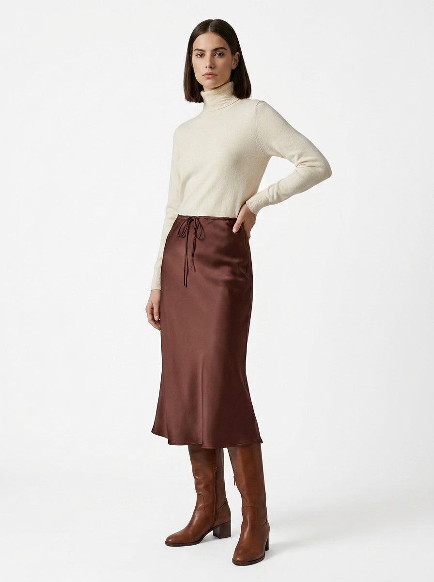 LadyLuxury | Elegant High-Waist Satin Maxi Skirt with Lace - Up Detail