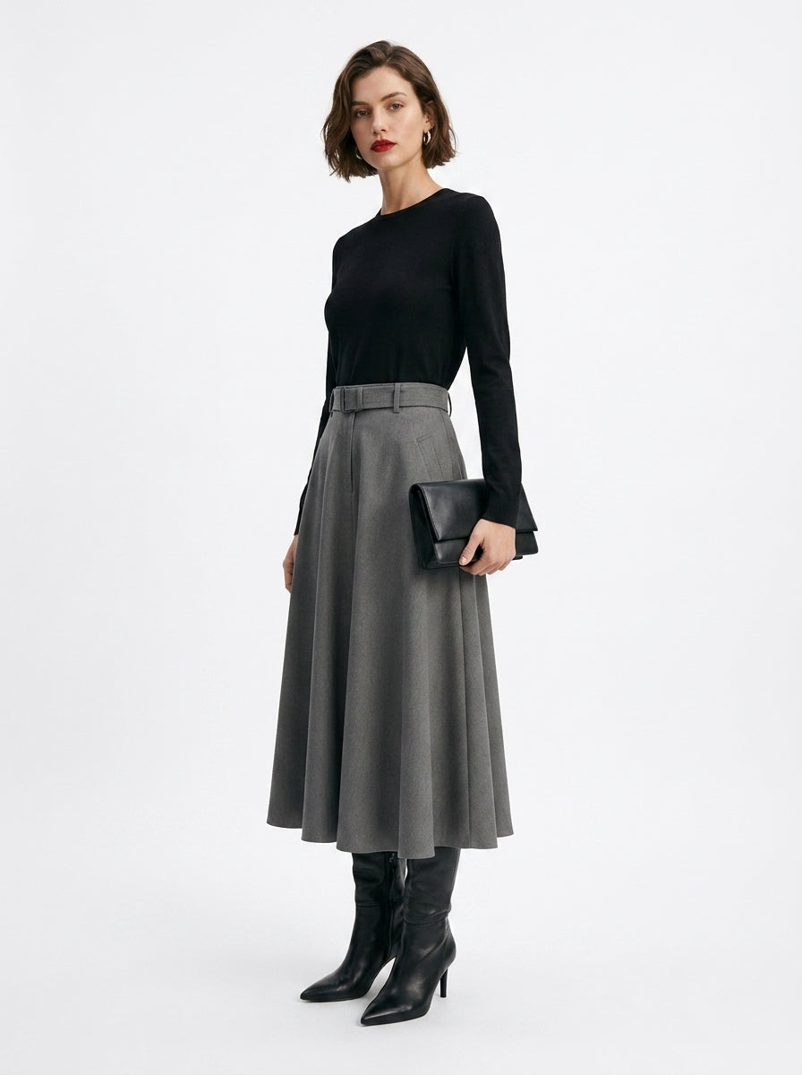 LadyLuxury Minimalist A-Line Midi Skirt - Elegant Autumn Solid Color Loose Fit Skirt