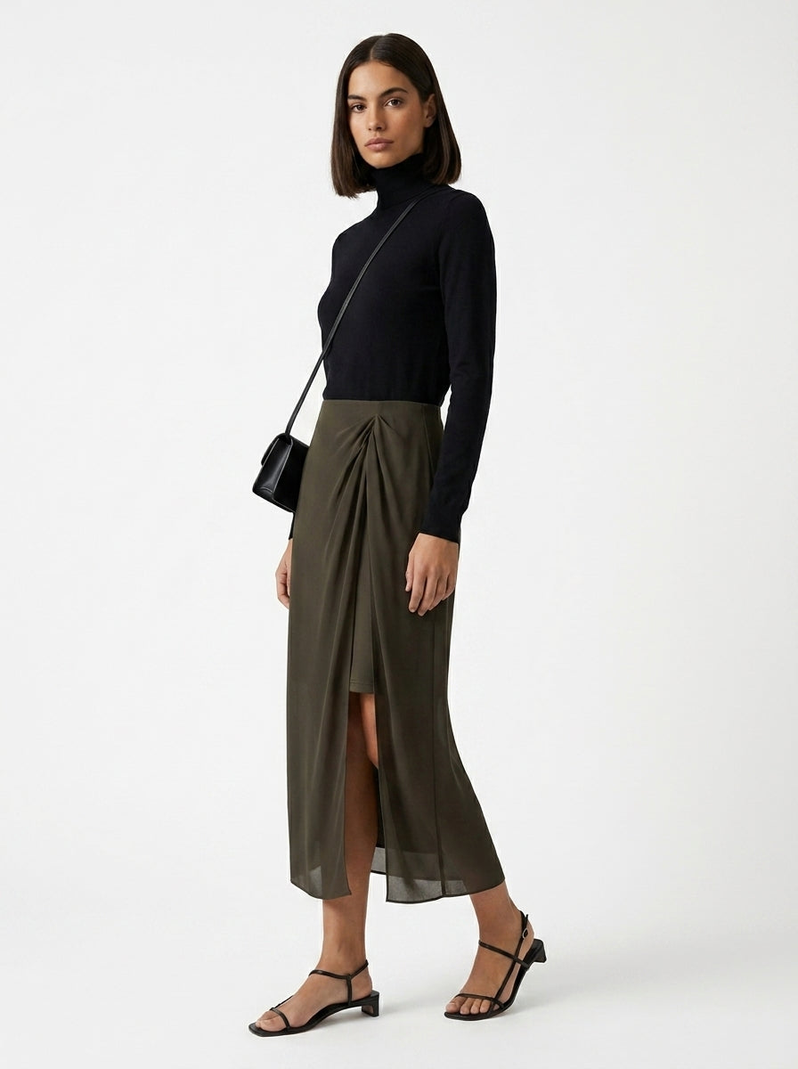 LadyLuxury | Elegant Chiffon Pleated Midi Skirt with Side Slit - Office & Casual Versatile Wear
