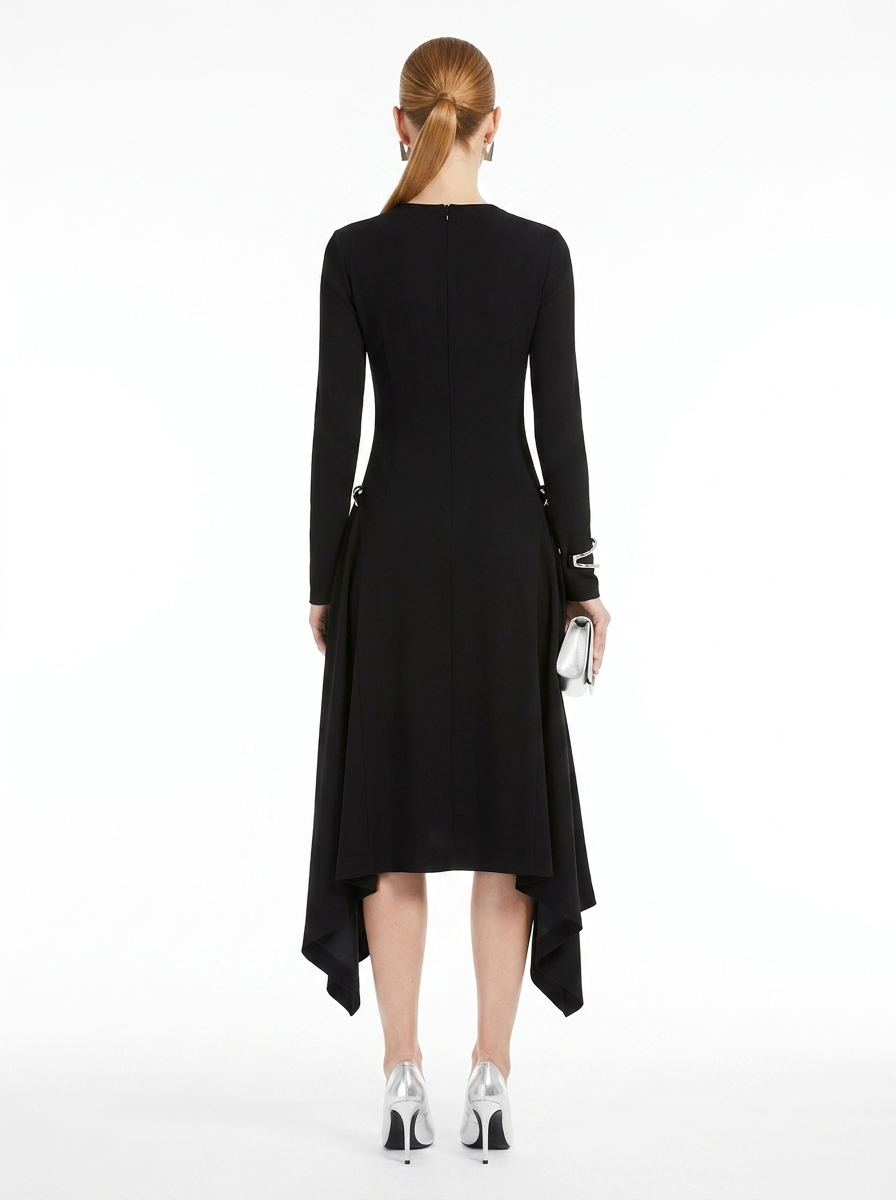 LadyLuxury | Asymmetric Sequined Draped Midi Dress - Avant-Garde Long Sleeve Evening Gown