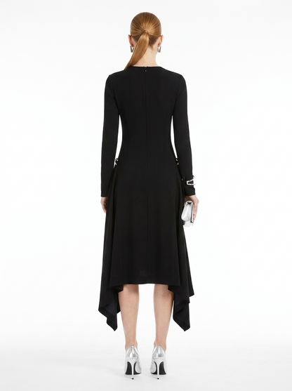 LadyLuxury | Asymmetric Sequined Draped Midi Dress - Avant-Garde Long Sleeve Evening Gown
