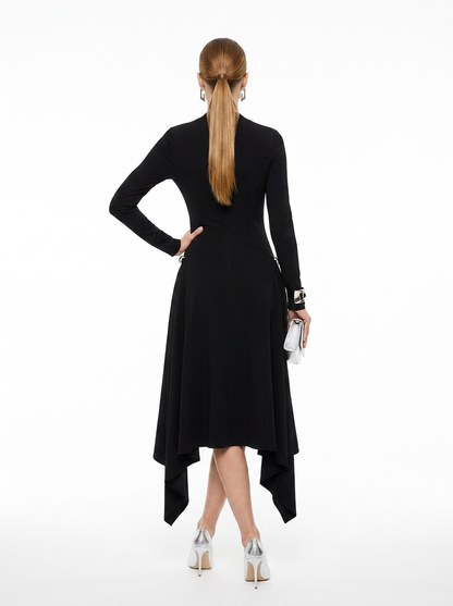 LadyLuxury | Asymmetric Sequined Draped Midi Dress - Avant-Garde Long Sleeve Evening Gown