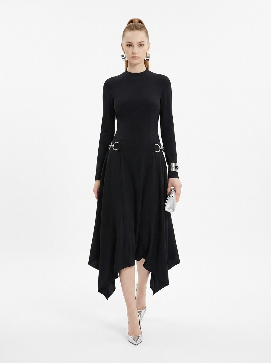 LadyLuxury | Asymmetric Sequined Draped Midi Dress - Avant-Garde Long Sleeve Evening Gown