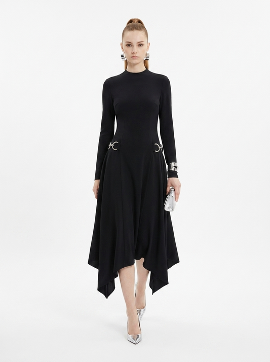 LadyLuxury | Asymmetric Sequined Draped Midi Dress - Avant-Garde Long Sleeve Evening Gown