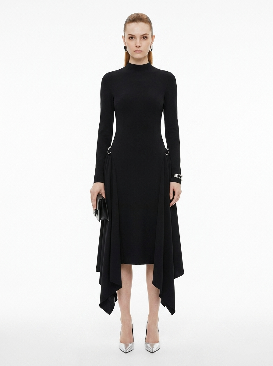 LadyLuxury | Asymmetric Sequined Draped Midi Dress - Avant-Garde Long Sleeve Evening Gown