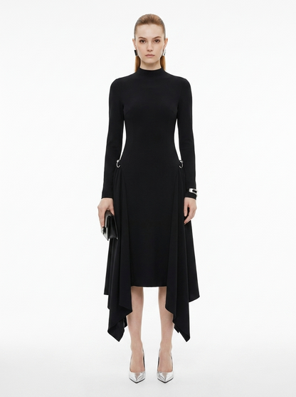 LadyLuxury | Asymmetric Sequined Draped Midi Dress - Avant-Garde Long Sleeve Evening Gown