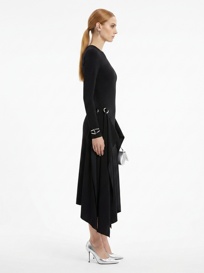 LadyLuxury | Asymmetric Sequined Draped Midi Dress - Avant-Garde Long Sleeve Evening Gown