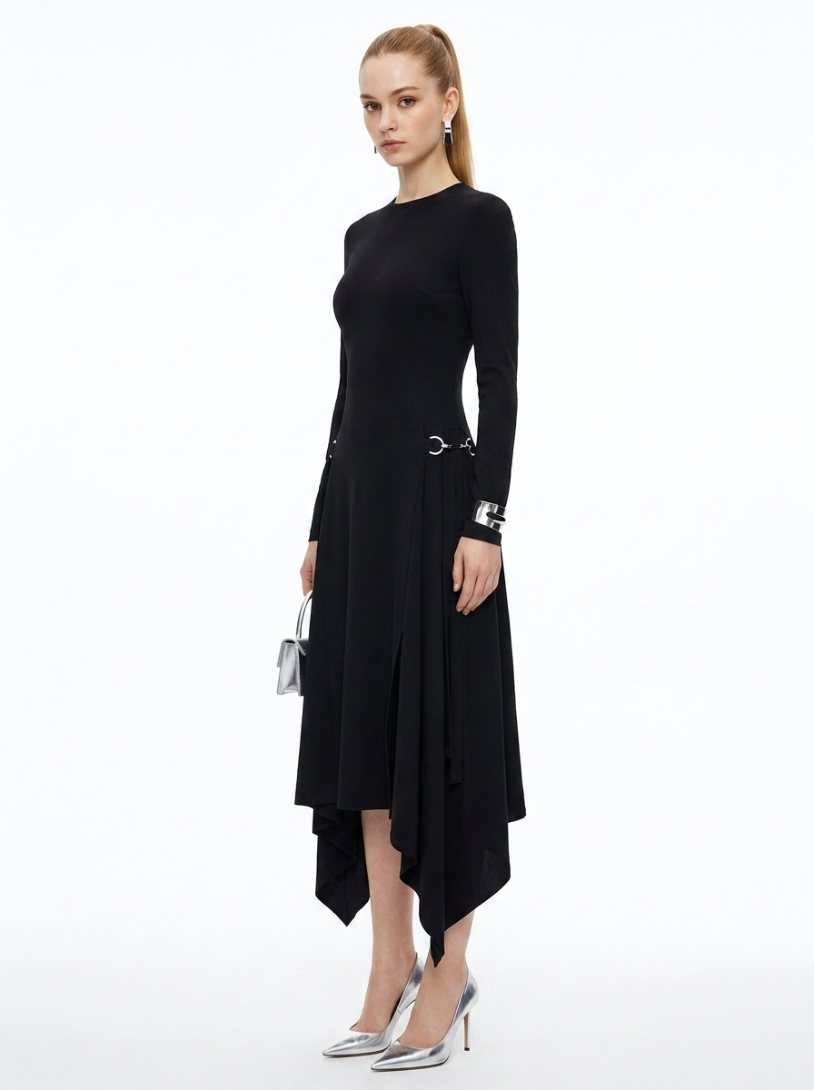 LadyLuxury | Asymmetric Sequined Draped Midi Dress - Avant-Garde Long Sleeve Evening Gown