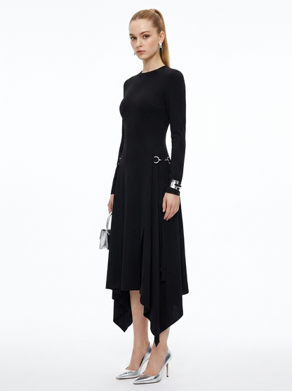 LadyLuxury | Asymmetric Sequined Draped Midi Dress - Avant-Garde Long Sleeve Evening Gown