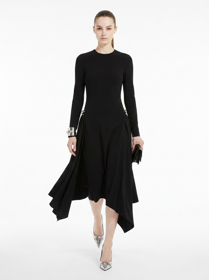LadyLuxury | Asymmetric Sequined Draped Midi Dress - Avant-Garde Long Sleeve Evening Gown