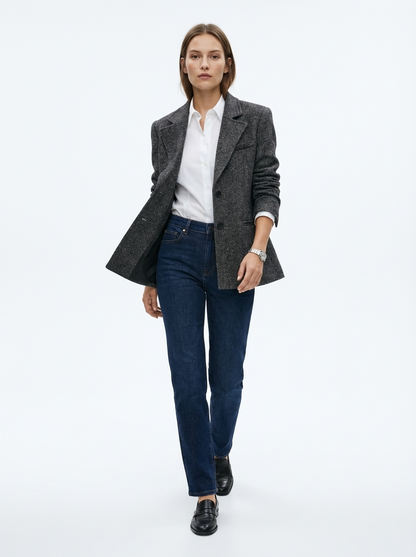 LadyLuxury | Heritage Wool-Blend Structured Blazer in Speckled Grey