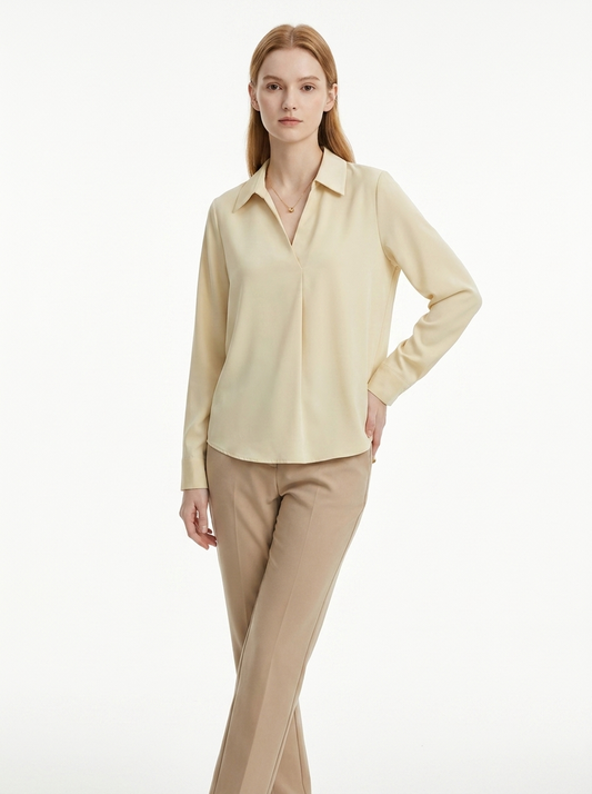 LadyLuxury | Minimalist V-Neck Long Sleeve Blouse - Parisian Chic Office Top