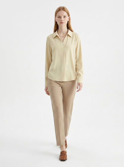 LadyLuxury | Minimalist V-Neck Long Sleeve Blouse - Parisian Chic Office Top