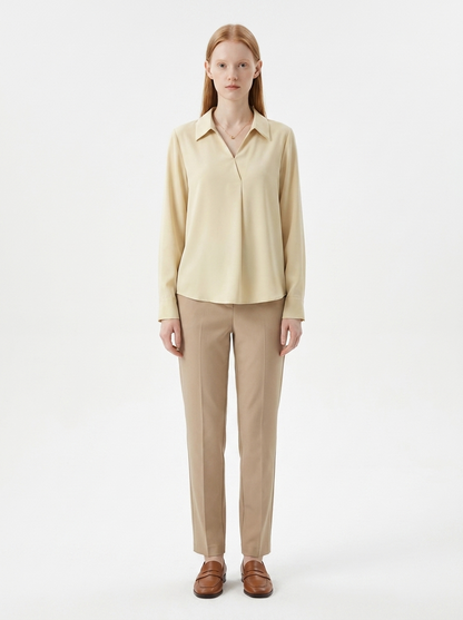 LadyLuxury | Minimalist V-Neck Long Sleeve Blouse - Parisian Chic Office Top