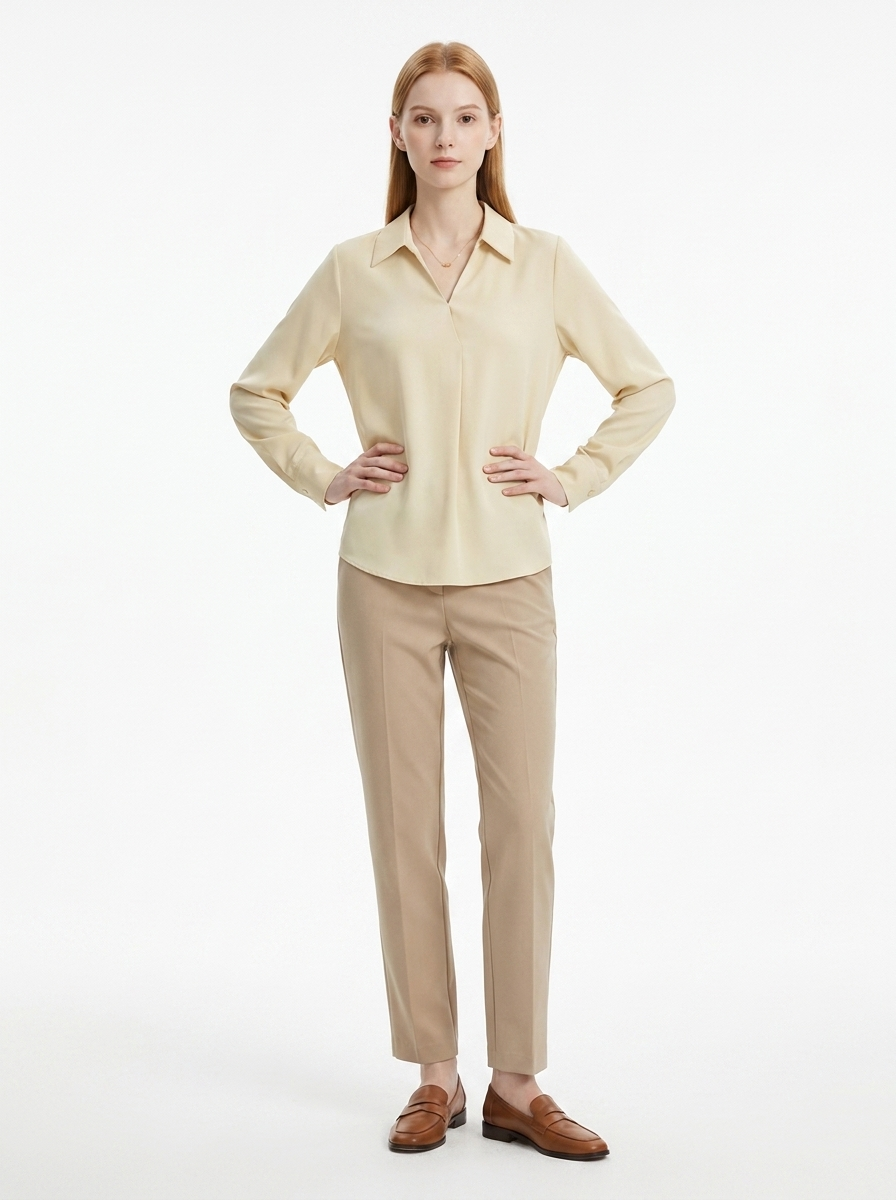 LadyLuxury | Minimalist V-Neck Long Sleeve Blouse - Parisian Chic Office Top