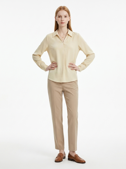 LadyLuxury | Minimalist V-Neck Long Sleeve Blouse - Parisian Chic Office Top