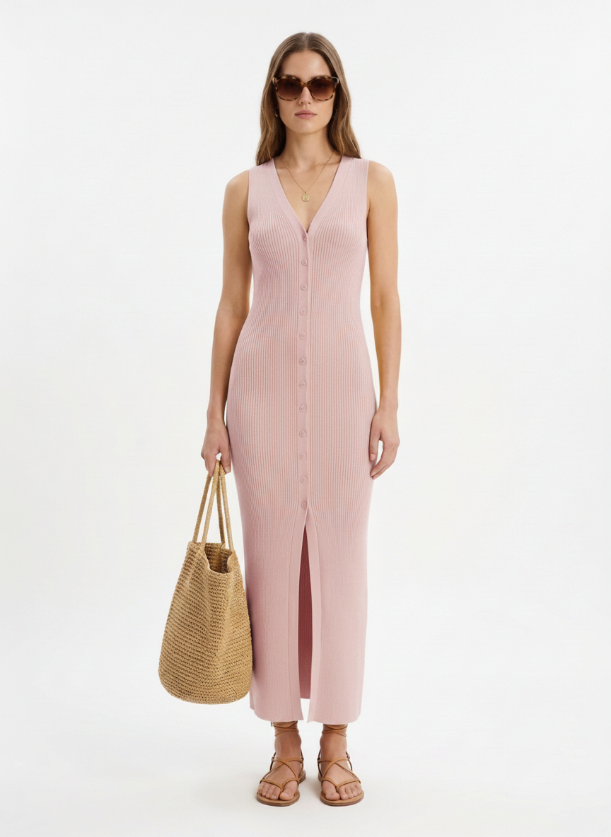LadyLuxury | V-Neck Ribbed Knit Sleeveless Maxi Dress in Quiet Luxury Style