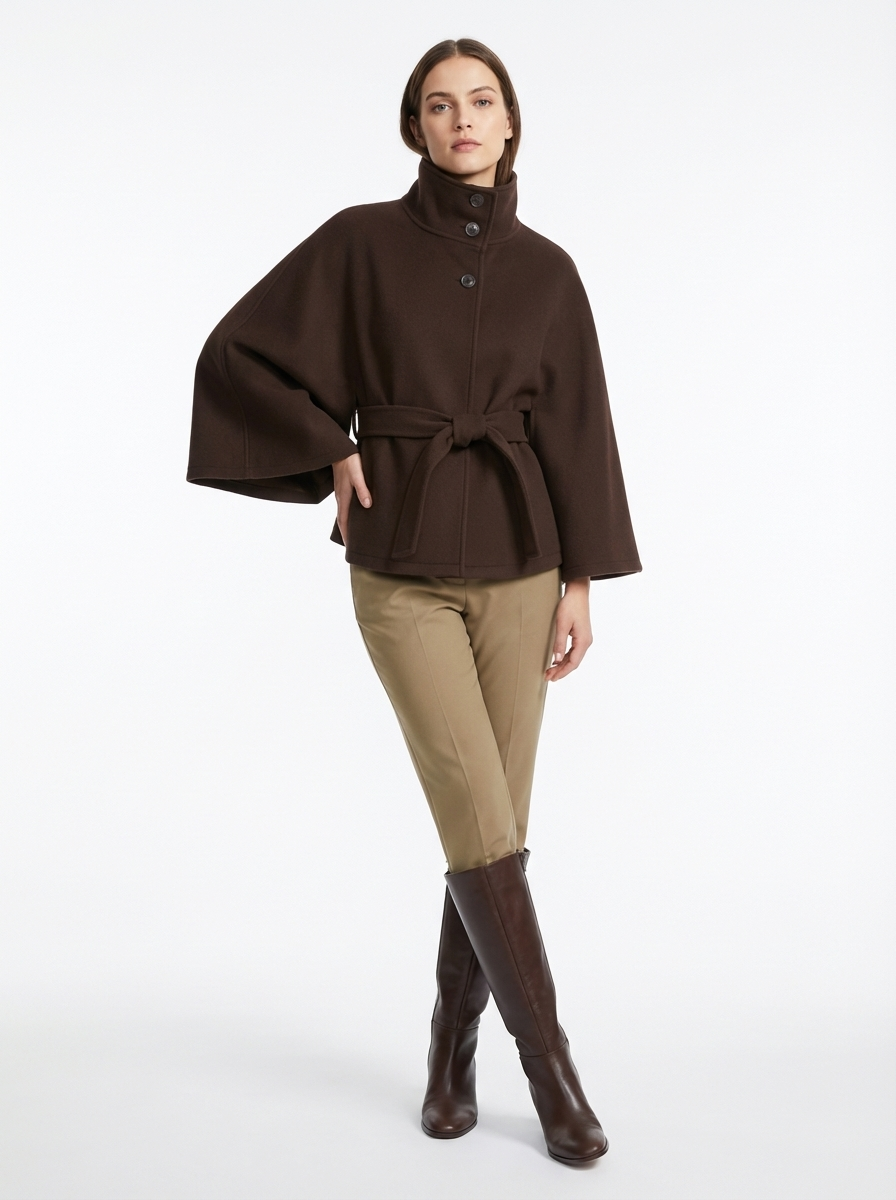 LadyLuxury | Wool Blend Cape Coat - Elegant A-Line Short Overcoat with Tie Belt
