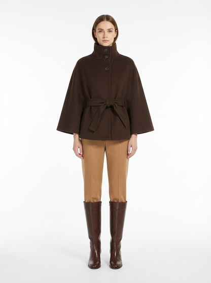 LadyLuxury | Wool Blend Cape Coat - Elegant A-Line Short Overcoat with Tie Belt