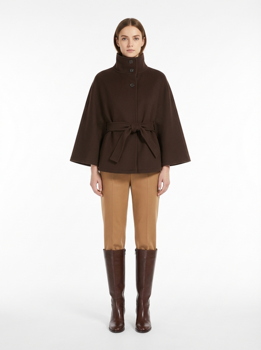 LadyLuxury | Wool Blend Cape Coat - Elegant A-Line Short Overcoat with Tie Belt