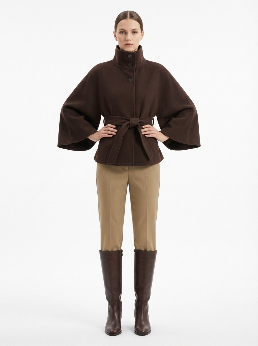LadyLuxury | Wool Blend Cape Coat - Elegant A-Line Short Overcoat with Tie Belt