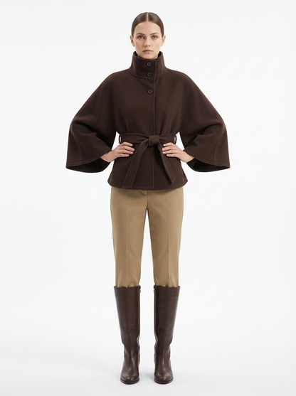 LadyLuxury | Wool Blend Cape Coat - Elegant A-Line Short Overcoat with Tie Belt