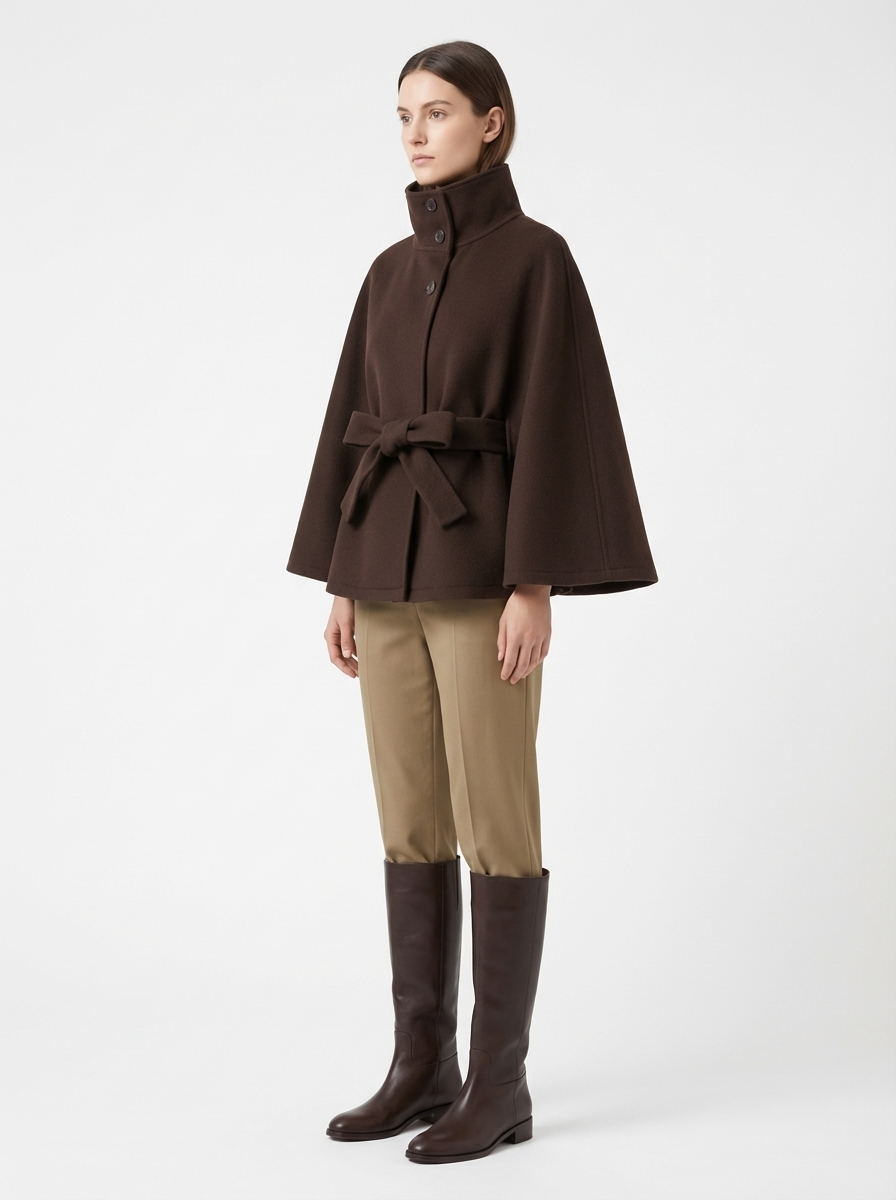LadyLuxury | Wool Blend Cape Coat - Elegant A-Line Short Overcoat with Tie Belt