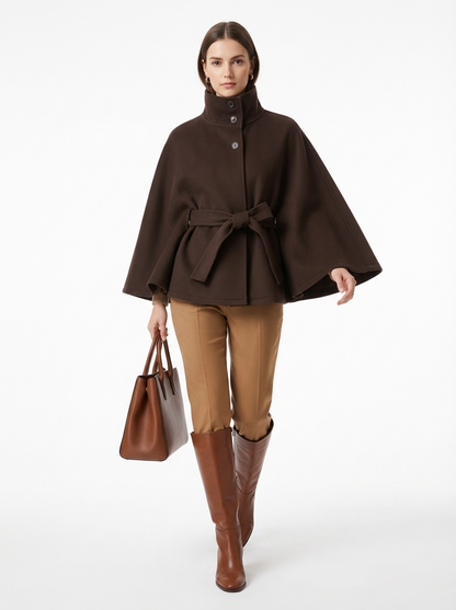 LadyLuxury | Wool Blend Cape Coat - Elegant A-Line Short Overcoat with Tie Belt