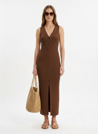 LadyLuxury | V-Neck Ribbed Knit Sleeveless Maxi Dress in Quiet Luxury Style