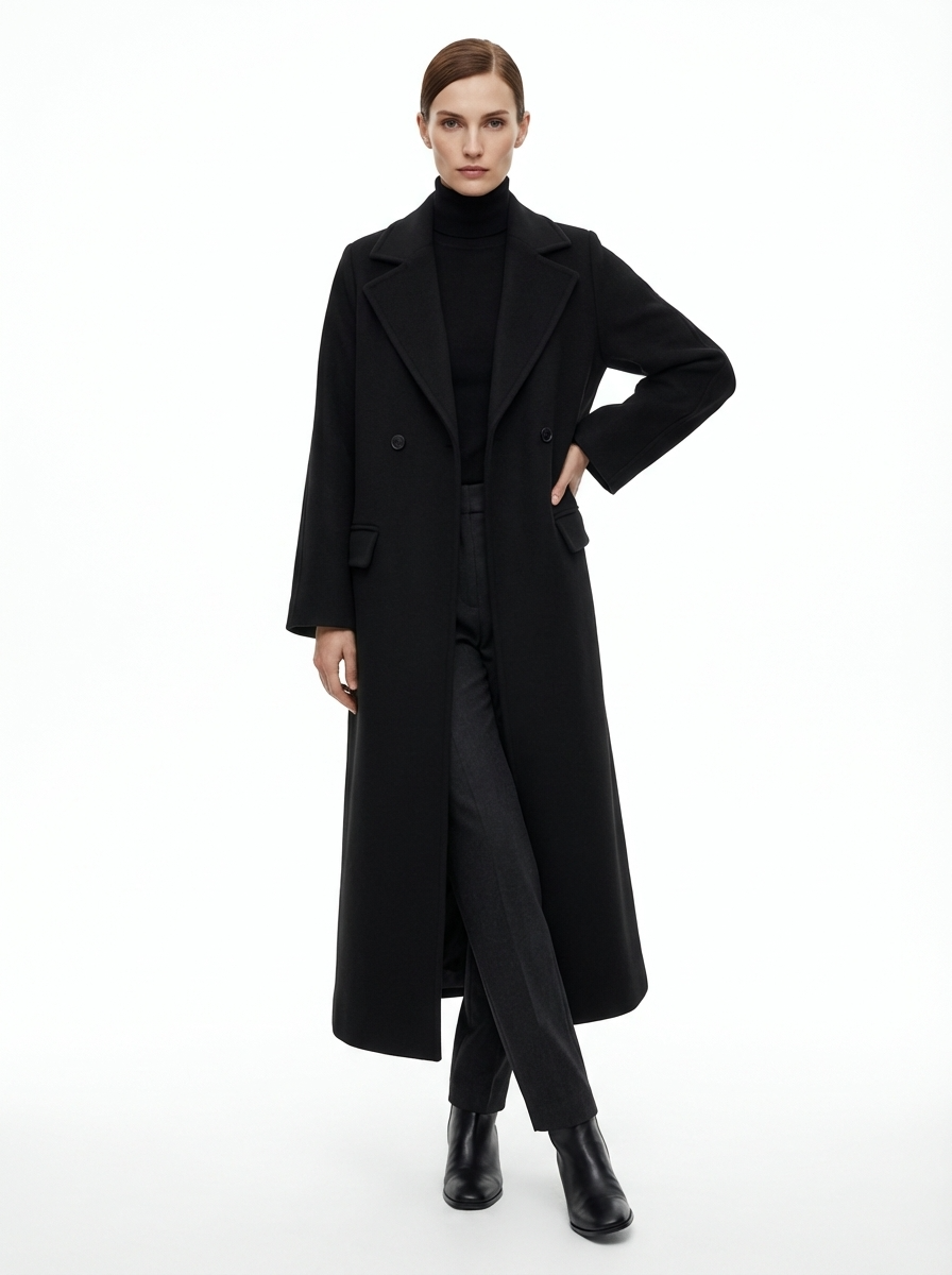 LadyLuxury | Minimalist Wool Blend Longline Overcoat in Midnight Black
