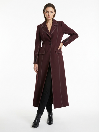 LadyLuxury | Heritage Burgundy Tailored Long Coat with Contrast Topstitching