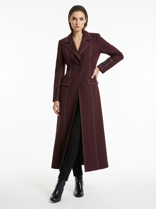 LadyLuxury | Heritage Burgundy Tailored Long Coat with Contrast Topstitching