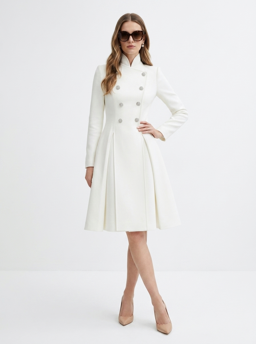 LadyLuxury | Regal Stand Collar Coat Dress - Elegant White Pleated Midi Dress