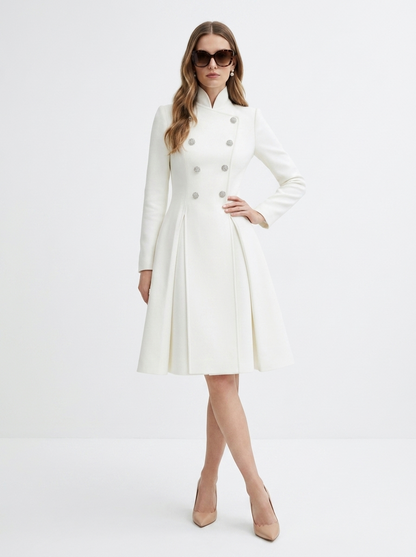 LadyLuxury | Regal Stand Collar Coat Dress - Elegant White Pleated Midi Dress