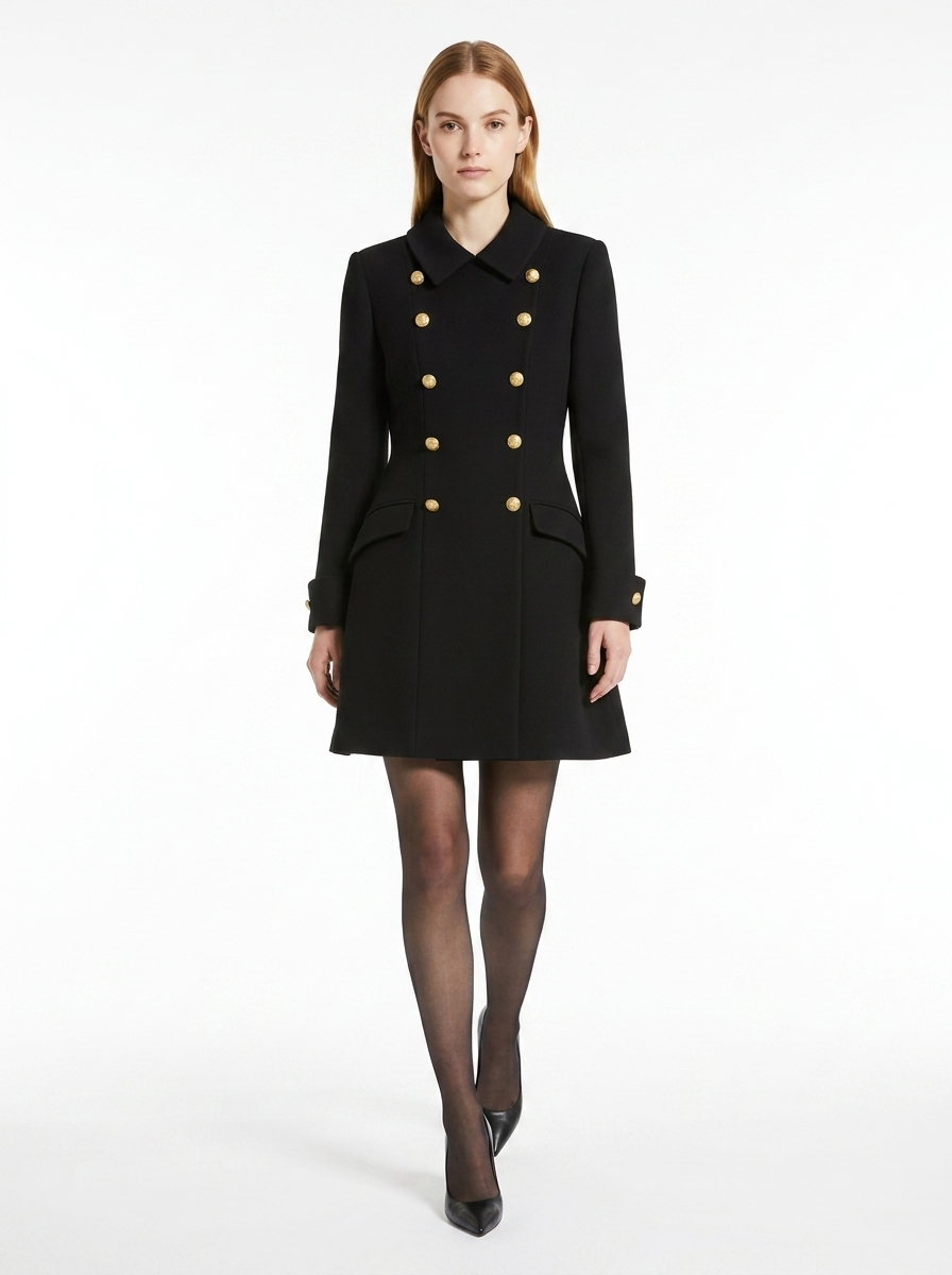 LadyLuxury | Double-Breasted Mini Coat Dress with Gold Crest Buttons