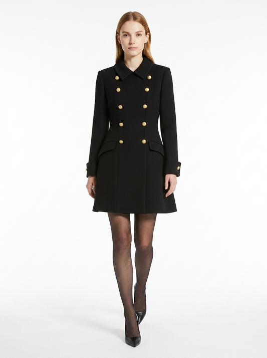 LadyLuxury | Double-Breasted Mini Coat Dress with Gold Crest Buttons