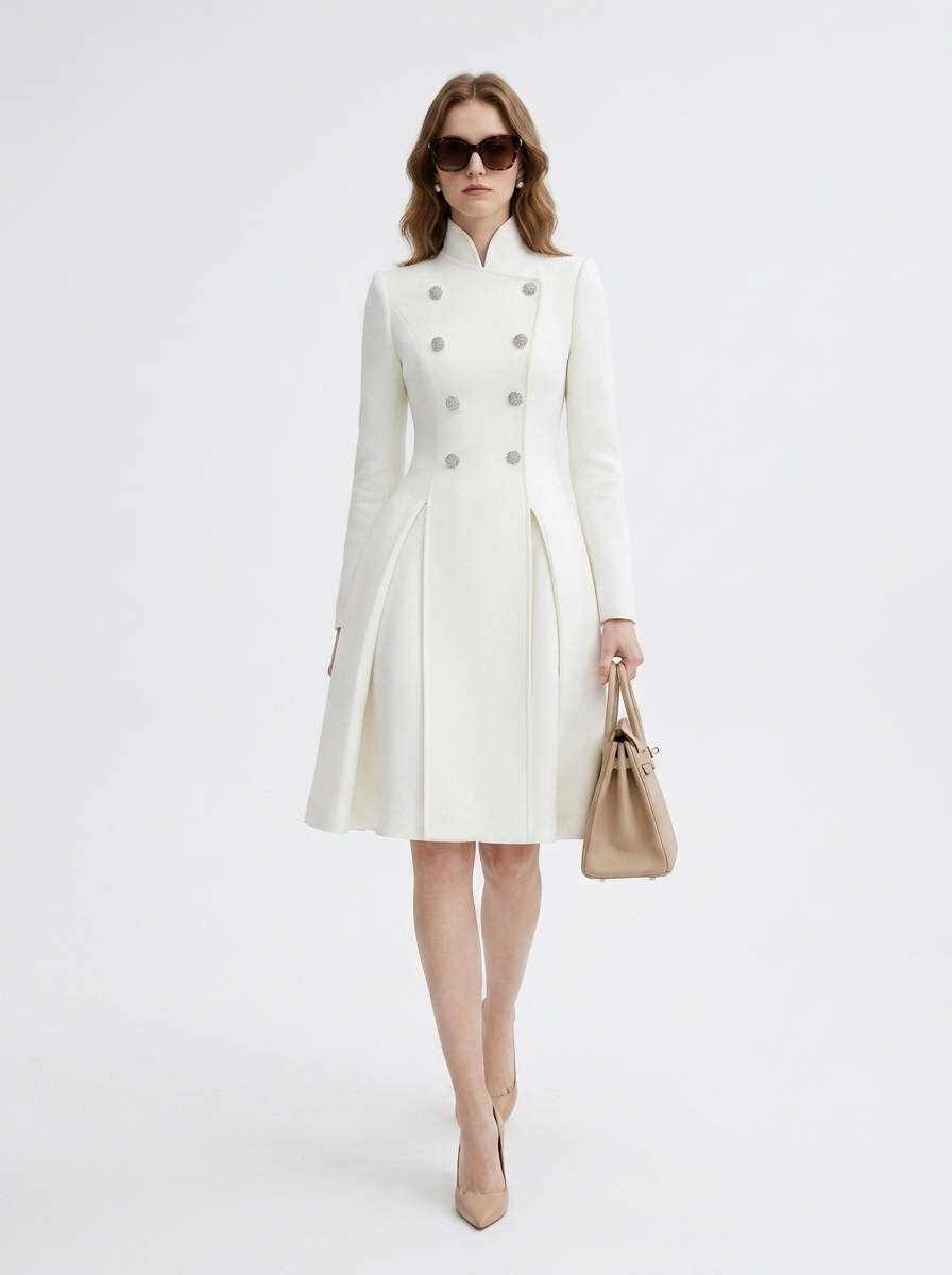 LadyLuxury | Regal Stand Collar Coat Dress - Elegant White Pleated Midi Dress