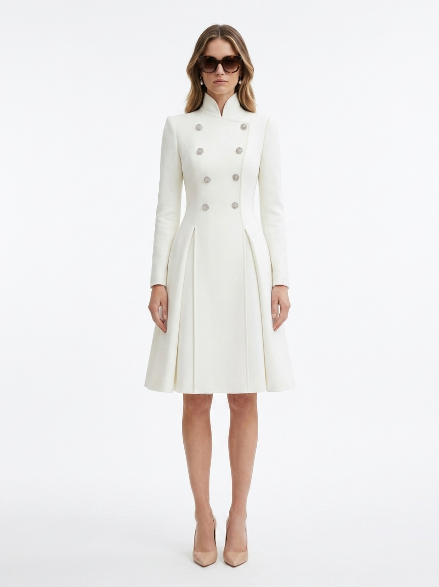 LadyLuxury | Regal Stand Collar Coat Dress - Elegant White Pleated Midi Dress
