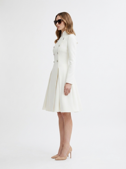 LadyLuxury | Regal Stand Collar Coat Dress - Elegant White Pleated Midi Dress
