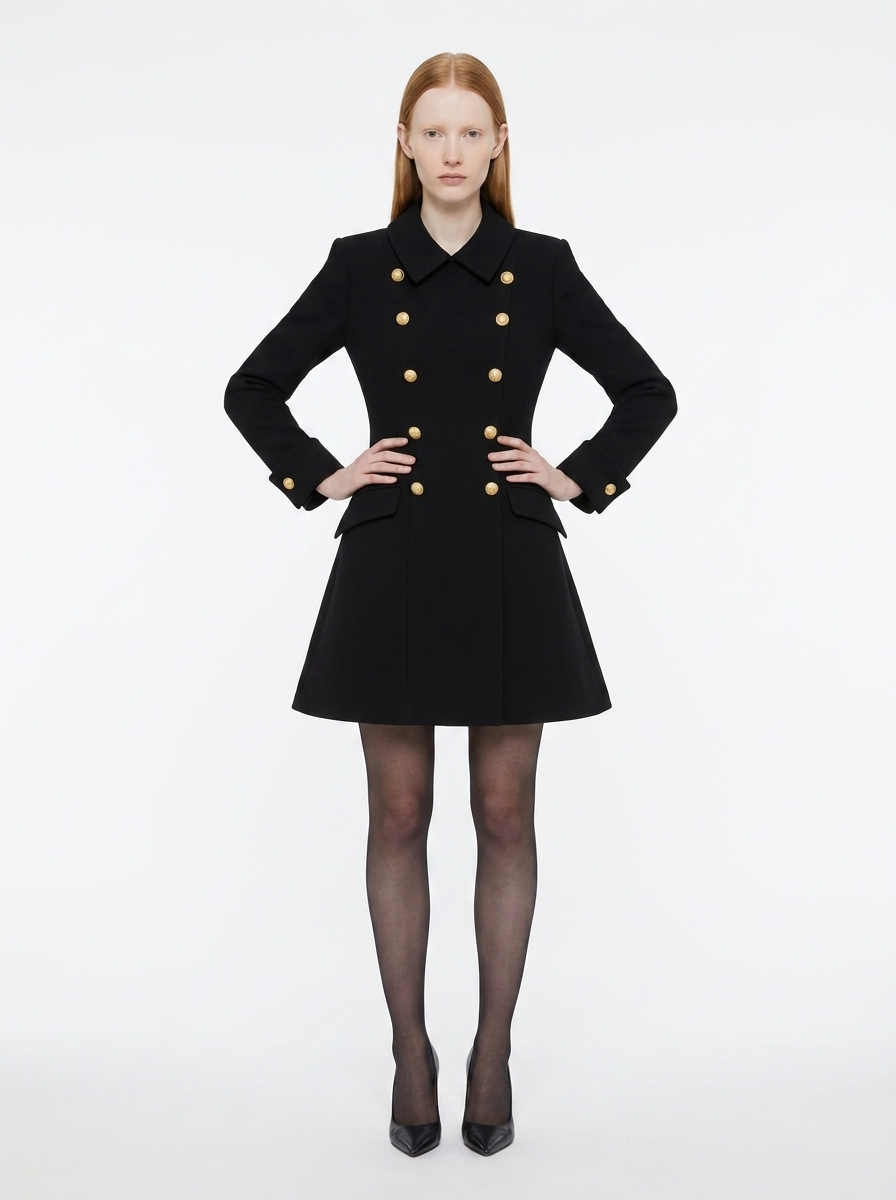 LadyLuxury | Double-Breasted Mini Coat Dress with Gold Crest Buttons
