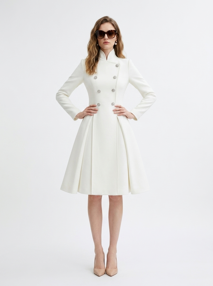 LadyLuxury | Regal Stand Collar Coat Dress - Elegant White Pleated Midi Dress