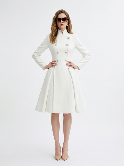 LadyLuxury | Regal Stand Collar Coat Dress - Elegant White Pleated Midi Dress