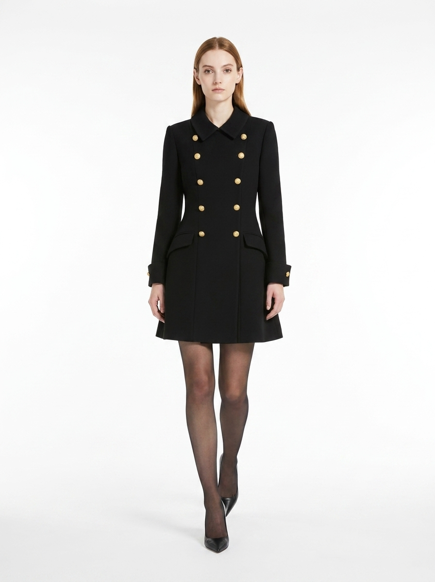 LadyLuxury | Double-Breasted Mini Coat Dress with Gold Crest Buttons