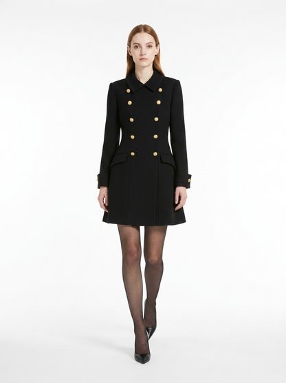 LadyLuxury | Double-Breasted Mini Coat Dress with Gold Crest Buttons