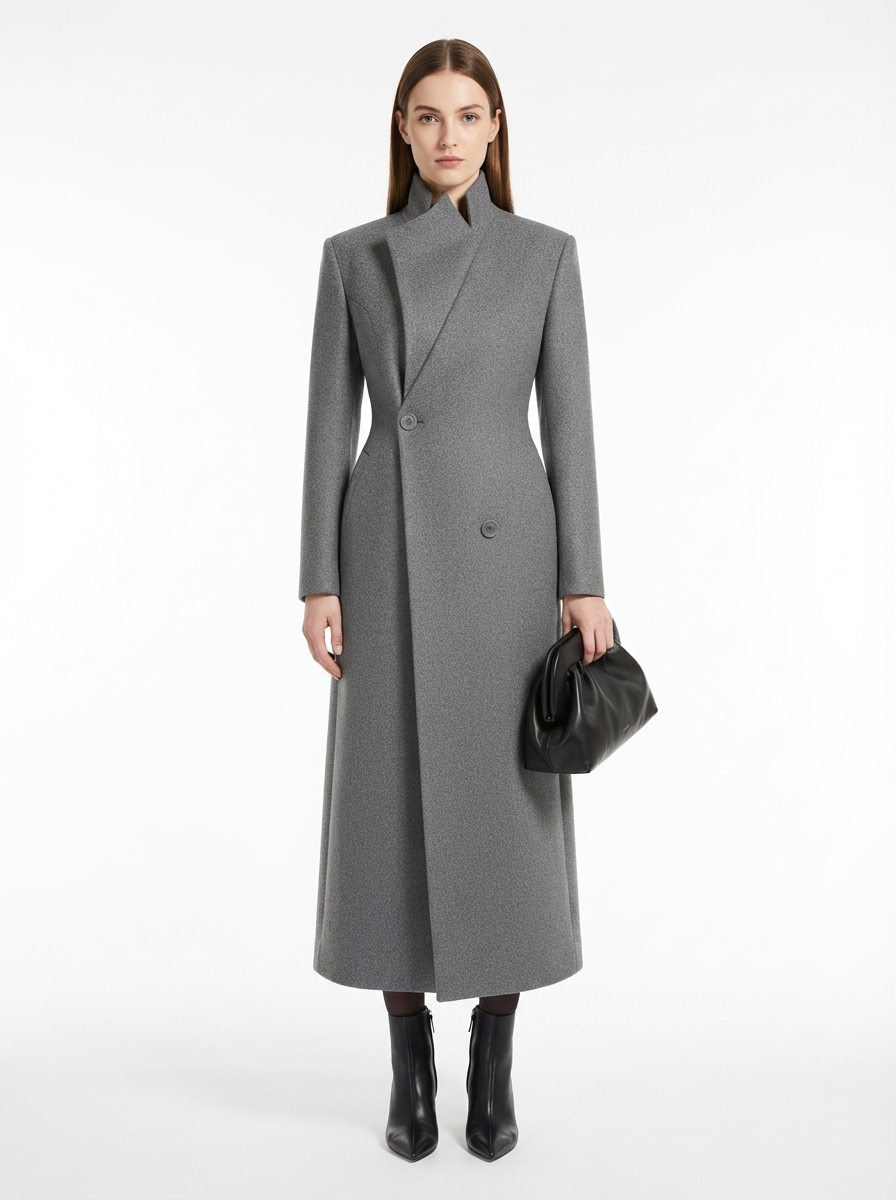 LadyLuxury | Architectural Wool Blend Long Coat - Structured Gray Overcoat
